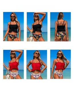 Détails de bikinis taille haute avec volants et imprimés à fleurs ou aux citrons