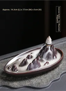 Ceramic mountain backflow incense burner showing dimensions 14.3cm x 7.7cm x 5cm