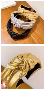 Detail shot of pleated knotted headbands in metallic gold, silver, and classic black leather