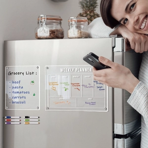 Magnetic acrylic weekly planner and grocery list boards for fridge with six colored markers