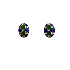 Vintage oval floral stud earrings with blue drip oil finish and gold metal accents