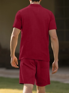 Rear view of men's burgundy button shirt and shorts set with vertical ribbed texture