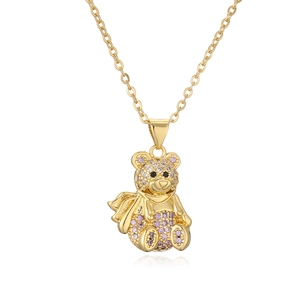18K gold plated necklace featuring a 3D teddy bear pendant with purple cubic zirconia