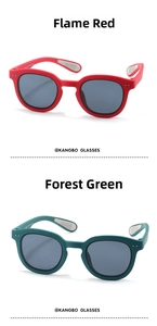 Detail view of flame red and forest green kids sunglasses with anti-slip rubber ear tips
