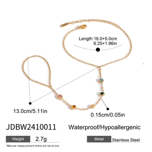 Gold stainless steel hand chain with colorful zircon and pearls, dimensions diagram