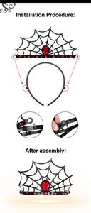 Detailed assembly guide for Halloween spider web headband with red rhinestone crown