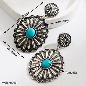 Bohemian retro drop earrings with turquoise inlay in flower sunburst alloy design
