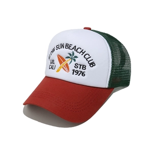 Detail of truck cap with 'Slow Sun Beach Club' embroidery and green mesh panels