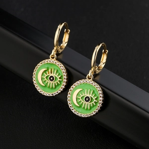 18K gold plated evil eye and crescent moon earrings with green enamel and zircons