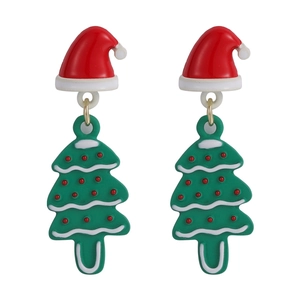 Detail of Christmas tree and red Santa hat stud earrings in vibrant colored resin