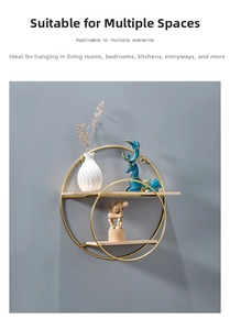 Macro detail of Nordic gold circular wall shelf with two light wood storage tiers