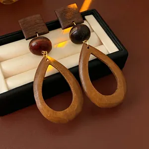 Vintage wooden drop earrings with square studs and teardrop hollow pendants for women