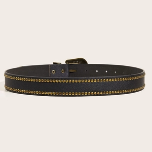 Cintura punk retrò in pelle nera con doppie file di borchie dorate e fibbia bronzo
