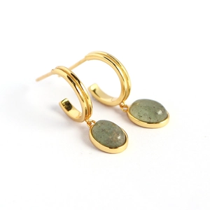 Minimalist S925 silver C-shaped gold earrings featuring oval green aventurine pendants