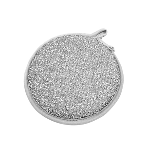 Silver round wire sponge scrubber with hanging rope for kitchen cleaning tasks