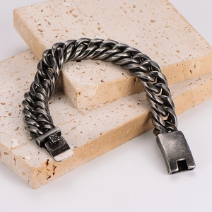 Men Chunky Cuban Link Chain Bracelet 304 Stainless Steel Retro Oxidized Silver Black Heavy Punk Gothic Jewelry