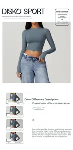 Detailed view of Morandi blue tight long-sleeve yoga top with round neck design