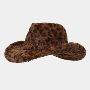Faux fur leopard print cowboy hat with wide rolled brim for autumn and winter fashion