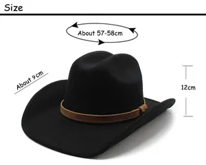 Size guide for black cowboy hat with 57-58cm circumference and 9cm brim width details