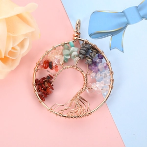 Detailed wire-wrapped tree of life pendant featuring colorful natural crystal stone leaves
