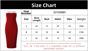 Detailed size chart for women's strapless dress with length, bust, and waist measurements