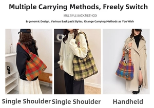 Three plaid plush tote bags in orange, green, and blue showing shoulder and hand carry styles