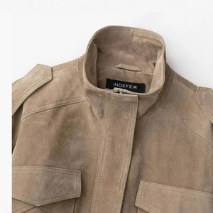 Chic camel faux suede jacket with stand collar and epaulettes for women