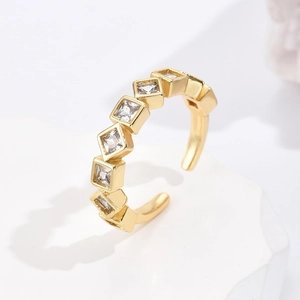 Geometric Open Ring Copper Gold Plated Square Cubic Zirconia Adjustable Minimalist Finger Jewelry Women