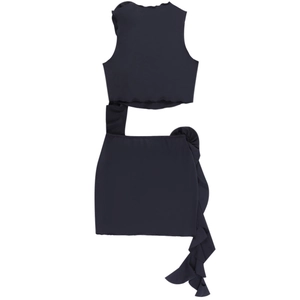 Sexy two-piece navy knit set featuring a halter crop top and ruffled mini skirt