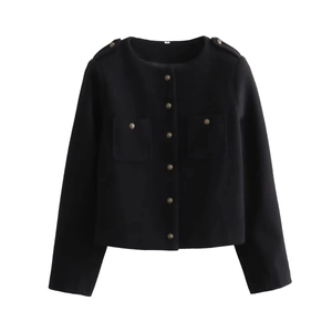 Detailed close-up of black wool-blend jacket with embossed gold buttons and pockets