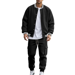 Men's casual tracksuit set featuring black stand collar baseball jacket and matching cargo pants