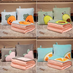 Detailed views of multi-use cartoon fruit plush pillows that unfold into soft pink blankets