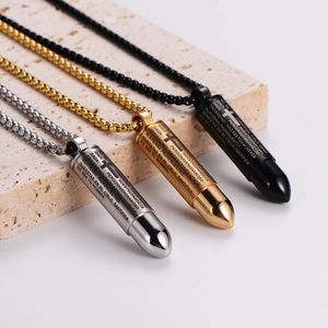 Stainless steel bullet pendant necklaces in silver, gold, and black with cross engraving