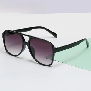 Glossy black aviator sunglasses with gradient purple lenses and double bridge design