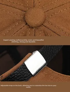 Detail of dark brown cotton brimless cap showing reinforced seams and adjustable leather strap