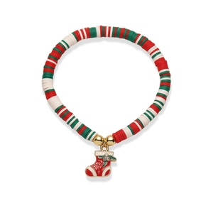 Bracelet de Noël en perles d'argile rouge vert blanc avec un charm de chaussette de fête