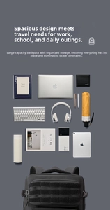 Flat lay of tactical backpack with organized gadgets showing large storage capacity