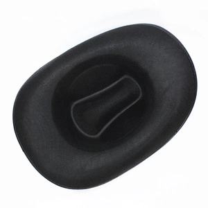 Top-down view of black felt cowboy hat showing textured crown and wide brim