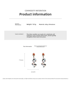 Detailed size chart for vintage snake earrings featuring red rhinestones and 18.1g weight