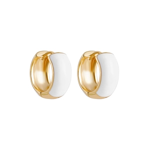 Close-up of golden enamel heart-shaped hoop earrings with vibrant white finish details