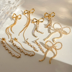 Bow Tassel Dangle Earrings Stainless Steel Zircon Rhinestone Studs Waterproof Hypoallergenic Luxury Jewelry For Women