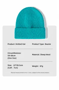 Size chart for sheep cashmere knitted beanie showing 22x20.5cm dimensions and teal color