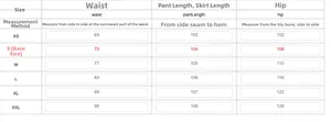 Detailed size chart for women's dark polka dot jeans showing waist, length, and hip measurements