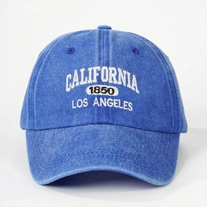 Blue washed denim baseball cap with California embroidery in a vintage American style