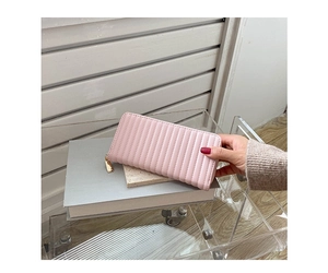 Pink long PU leather purse with vertical quilted texture and gold metal zipper detail