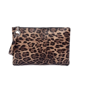 Classic leopard print clutch bag with silver metal zipper and wristlet strap for women