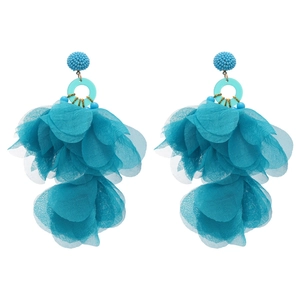 Elegant turquoise fabric petal drop earrings with crystal beads and gold metal accents