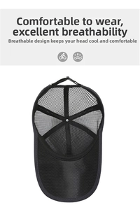 Detail showing the breathable black full-mesh fabric and adjustable plastic strap of the hat
