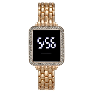 Women Digital Watch LED Touch Screen Rhinestone Inset Alloy Case Metal Band Square Fashion Wristwatch