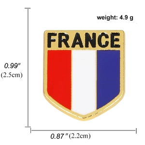 Detail view of France flag metal pin badge with dimensions 0.99x0.87 inches and 4.9g weight